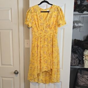 A Loves A Yellow Floral V-Neck Midi Dress High Low Hem